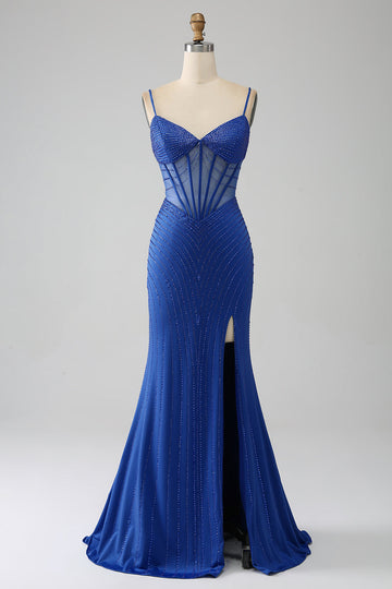 Royal Blue Mermaid Corsetto Prom Dress con perline
